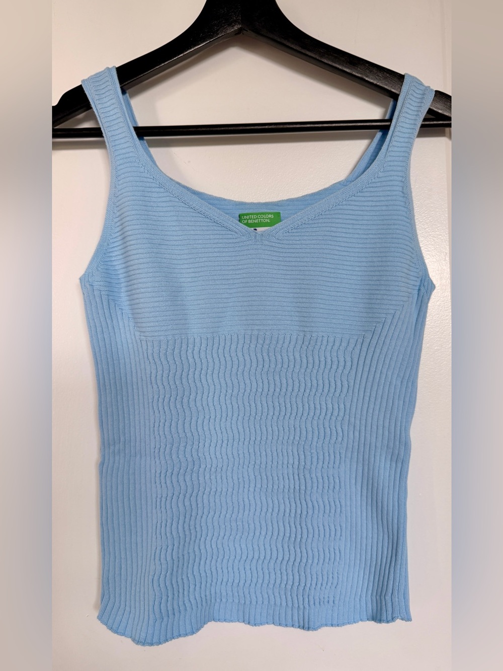 Benetton Sky Blue Ribbed Knit Tank Top S Fitted Cotton Y2K Minimalist